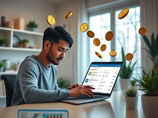 A person diligently managing various subscription services on a laptop, surrounded by floating coins and saving indicators, in a modern, organized home office environment with soft lighting, emphasizing financial control and savings.