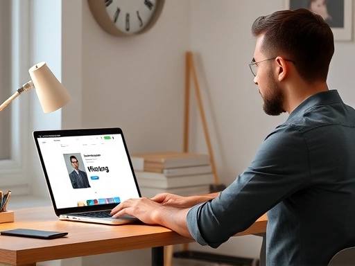 A creative professional sitting at a desk, looking at a laptop with the KMong website open, symbolizing the process of selling services on an online freelance marketplace. The scene is well-lit, showing dedication and focus.