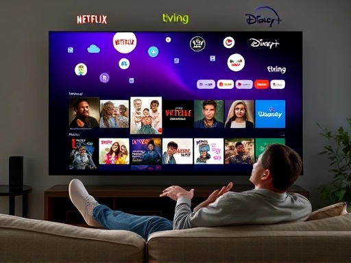 A person comfortably watching diverse content on a large smart TV, surrounded by floating icons of various streaming services like Netflix, Tving, and Disney+, illustrating the freedom and abundance of choices after switching from cable TV. The scene emphasizes modern home entertainment and personalized viewing experiences.
