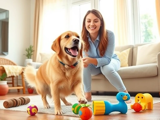 A happy golden retriever dog playing fetch with a cheerful pet sitter in a sunny living room, showing trust and joy, with pet toys scattered around, natural light, warm atmosphere.