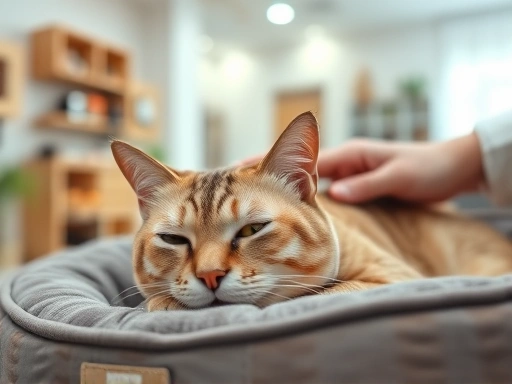 Close-up of a calm cat comfortably resting on a plush bed in a modern pet hotel, with soft lighting, clean environment, and a responsible staff member's hand gently petting its head in the background.
