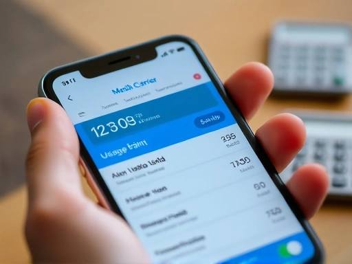 Close-up of a hand holding a smartphone displaying a mobile carrier's app with usage data or plan details, focusing on clarity and user-friendliness, a calculator icon nearby.