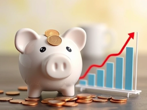 A close-up shot of a small piggy bank overflowing with coins, placed next to a miniature growth chart, symbolizing savings, financial growth, and the accumulation of an emergency fund for debt-free living.