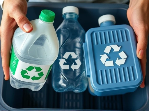 A close-up of hands carefully sorting different types of plastic (PET bottle, milk jug, plastic tray) with recycling symbols clearly visible, demonstrating proper waste separation for efficient recycling.
