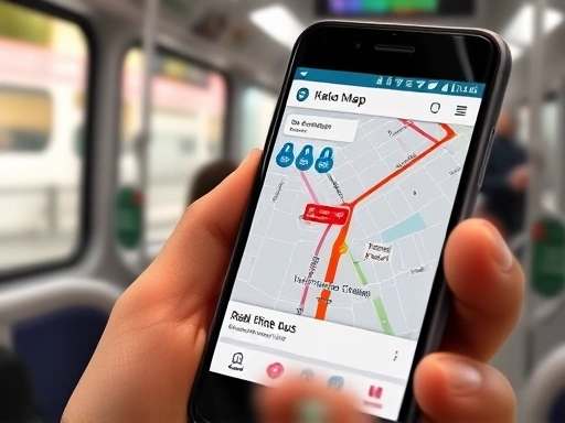 Close-up of a smartphone screen displaying a public transport navigation app (like KakaoMap or Naver Map) with a detailed route, bus stop icons, and real-time bus arrivals. A hand is holding the phone, with a blurred cityscape or a bus interior in the background, focusing on the app's utility for efficient urban navigation, navigation app, real-time tracking, public transport apps.