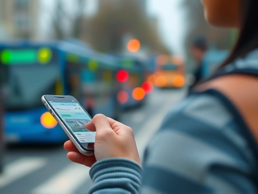 A close-up shot of a person using a smartphone to check public transport schedules or a car-sharing app, with blurred city background, symbolizing efficient and economic mobility choices for car-free lifestyle.