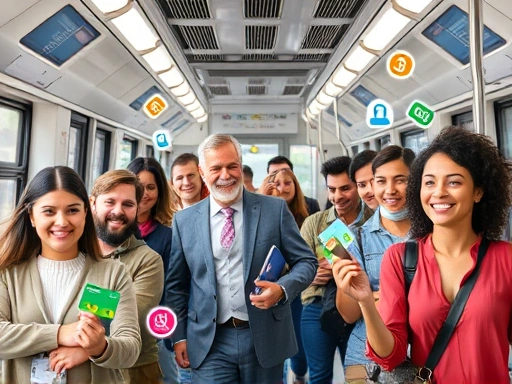 A diverse group of people, diverse ages and genders, happily commuting on a clean, modern public transportation system, with various public transport cards and mobile payment icons floating around them. The scene is bright and optimistic, showcasing efficiency and savings.