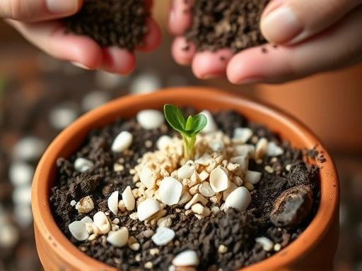 A close-up shot of dry, finely crushed eggshells mixed with garden soil in a small terracotta pot, with a tiny green sprout emerging. In the background, blurred hands are sprinkling dried coffee grounds. Focus on texture and the act of nurturing. Keywords: eggshells, coffee grounds, plant growth, soil enrichment, natural fertilizer, gardening.