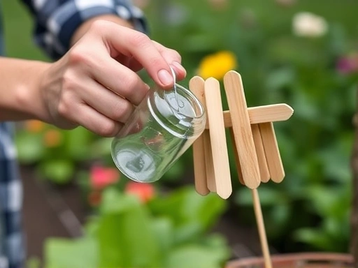 Detailed shot of hands crafting small gardening tools from repurposed household items, such as a watering can made from a plastic bottle and plant labels from ice cream sticks, set against a blurred garden background. Keywords: DIY gardening tools, handmade garden, eco-friendly, practical tips.