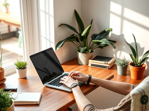 A person typing on a laptop at a neat home office desk, bathed in soft morning light, surrounded by plants and a cozy atmosphere, symbolizing remote work and side hustles.