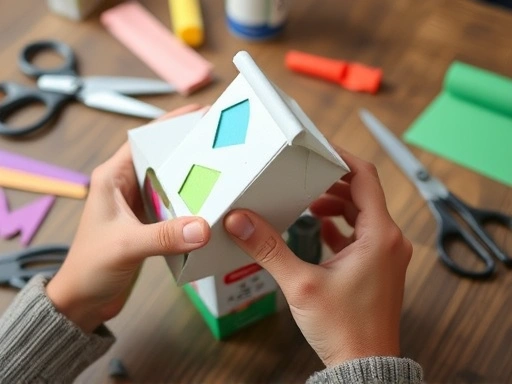 Close-up of hands crafting a small storage box from a recycled milk carton, decorated with colorful paper. Details include scissors, glue, and other craft supplies on a wooden table, emphasizing the creative and hands-on aspect of recycling.