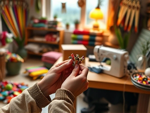 A cozy craft room, a person's hands skillfully sewing colorful fabric scraps into a practical daily item, warm lighting, eco-friendly atmosphere, emphasizing fabric recycling and creative craft. Keywords: scrap fabric, sewing, daily items, DIY, sustainable.