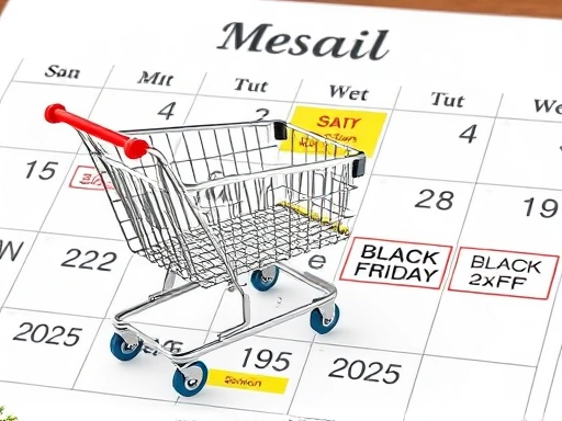A vibrant image showing a shopping cart sitting on a large calendar, highlighting important sale dates like Black Friday and Season-off. The scene should convey planning and anticipation for sale season shopping.