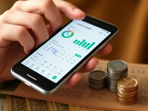 Close-up of a person's hands holding a smartphone displaying a household ledger app interface with charts and graphs, while a small stack of physical coins and bills are neatly organized next to it, symbolizing integration of digital and physical finance.