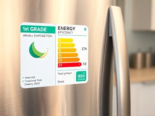 Close-up of an energy efficiency label on a new refrigerator, clearly showing the 1st grade, annual energy consumption, and a small, stylized leaf icon indicating environmental friendliness, with a blurred background of a modern kitchen.