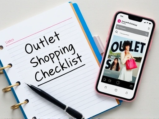 A detailed top-down shot of a planner with 'Outlet Shopping Checklist' written on it, next to a smartphone showing an outlet's website, emphasizing preparation and digital tools for smart shopping. Keywords: outlet shopping guide, smart preparation, shopping checklist, digital tools.
