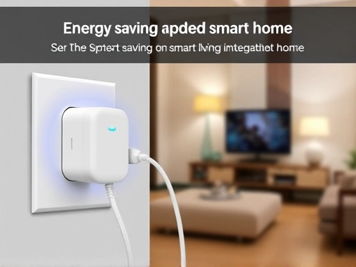 A modern smart plug device, white and sleek, plugged into a wall outlet with a power cord connected to an appliance (like a TV or lamp), showing a subtle glow indicating power, in a contemporary living room setting, emphasizing energy saving and smart home integration.
