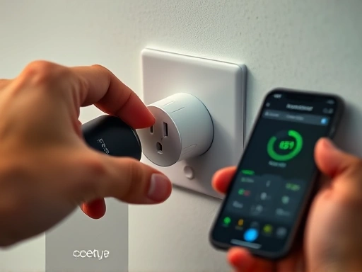 Close-up view of a hand inserting a smart plug into a wall outlet, with a subtle digital display showing energy monitoring data on the plug or nearby smartphone, illustrating easy setup and usage.