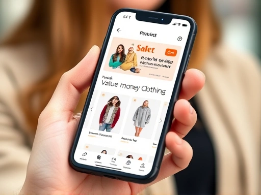 Close-up of a hand holding a smartphone, displaying an online fashion shopping app with clear product images of versatile, value-for-money clothing items, emphasizing ease of browsing and selection.