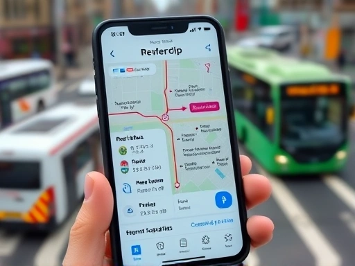 A close-up shot of a smartphone screen displaying a public transportation navigation app, showing detailed routes, real-time bus and subway locations, and estimated fares. The background is a slightly blurred image of a busy urban intersection with various public transport vehicles.