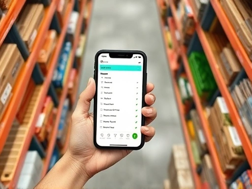A detailed top-down view of a shopping list on a modern smartphone, surrounded by neatly organized household items in a warehouse store setting, emphasizing preparation and smart shopping.