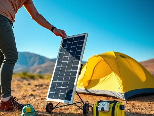 A person setting up a portable solar charger in a sunny outdoor environment, with a tent and natural landscape in the background, emphasizing renewable energy source and off-grid charging.