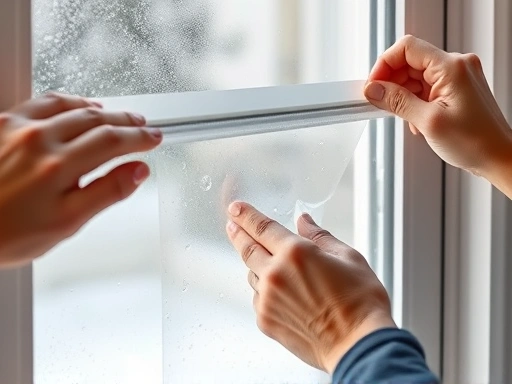 A close-up shot of hands carefully applying window insulation film onto a clean window pane, with a squeegee smoothing out bubbles and water, showing precise, step-by-step application in progress.