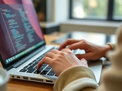 A close-up shot of a university student's hands typing on a laptop keyboard, with coding or design software visible on the screen, symbolizing their freelancing work and skill development in a modern, dynamic setting.