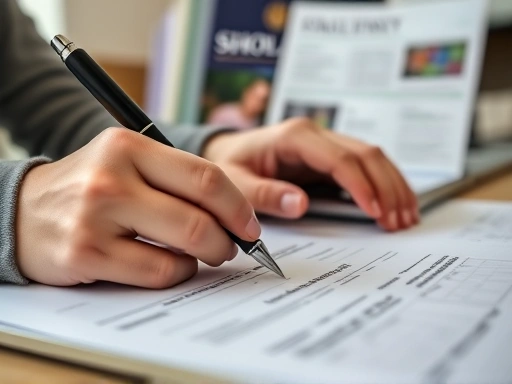 Close-up of a student's hands diligently filling out a scholarship application form on a laptop, with blurred financial documents and a university brochure in the background, emphasizing focus and preparation.