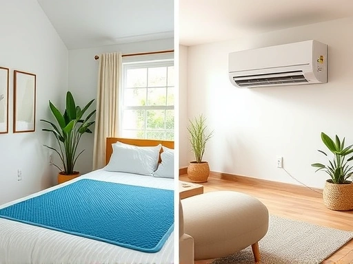 A side-by-side comparison of a cool mat on a bed and a modern air conditioner unit, highlighting energy savings in a comfortable, cool living room during summer.