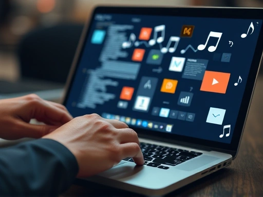 A close-up, dynamic photo of hands typing on a laptop with creative elements (e.g., graphic design, code snippets, musical notes) subtly appearing on the screen, symbolizing different talents being sold on online platforms.