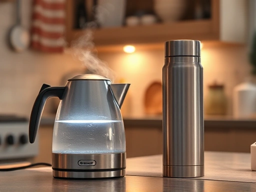 A detailed illustration of an electric kettle boiling water on a kitchen counter, with visible steam, next to a sleek stainless steel thermos flask, highlighting energy efficiency. Warm, inviting lighting, focus on appliances.