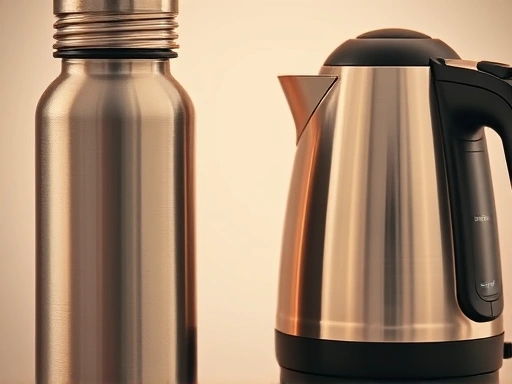 Close-up shot of a thermos flask and an electric kettle side-by-side, emphasizing the design differences and hinting at their energy mechanisms. Focus on material and texture, warm lighting.