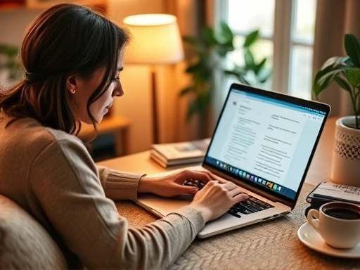 A person diligently working on a translation project on a laptop in a cozy home office setup, showing focus and productivity for extra income.