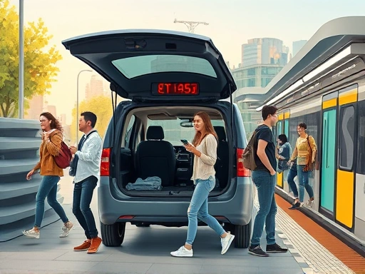 A diverse group of people using various transportation methods, including a family happily getting into a rental car, a young person unlocking a car-sharing vehicle with their phone, and commuters waiting at a modern subway station. The scene should convey movement and choice, with elements of urban and natural landscapes, illustrating a comprehensive comparison of mobility options.