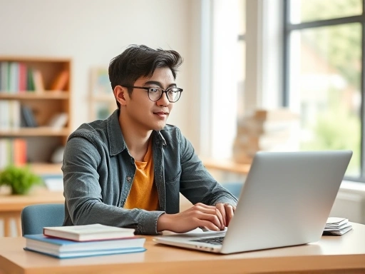 A university student sitting at a desk with textbooks and a laptop, looking thoughtful, representing the balance between study and work. The scene is bright and organized, with a sense of focused activity.