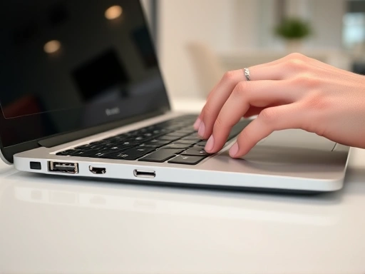 Close-up of hands performing a functional test on a used laptop, checking USB ports and screen pixels. Modern, clean setting, emphasis on technical inspection.