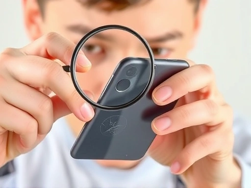 A person carefully inspecting a used smartphone, looking for scratches and dents, with a magnifying glass. Bright, well-lit scene, focus on detail, neutral background.
