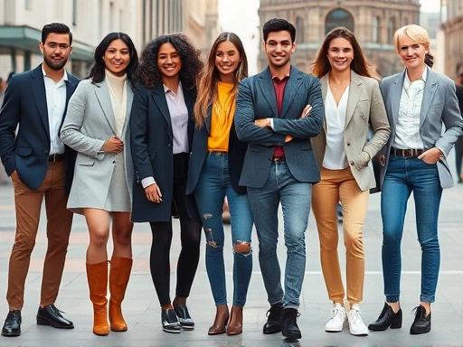 A diverse group of people, each confidently wearing stylish, high-quality, non-luxury outfits, demonstrating modern, affordable fashion choices in an urban setting, with a focus on good textures and fit.