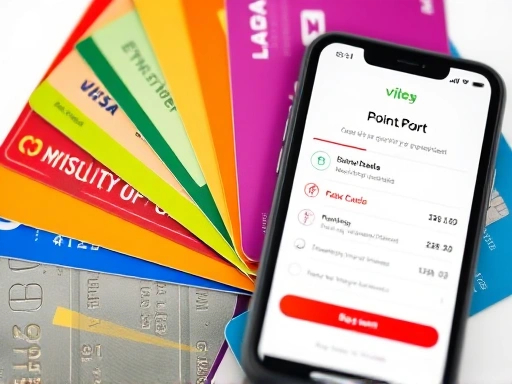 A close-up shot of various colorful payment cards and a smartphone displaying a point accumulation app, symbolizing diverse ways to earn rewards efficiently.