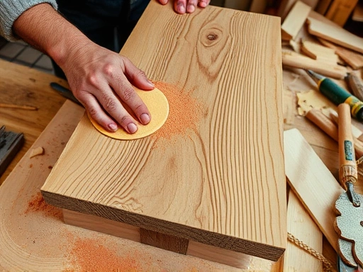 Close-up of hands working on an upcycled wooden furniture piece, sanding reclaimed wood with visible grain patterns. Tools, wood chips, and various types of waste wood scraps are scattered around a workshop, emphasizing DIY and creative reuse.