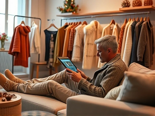 A cozy living room with a person comfortably browsing a tablet, surrounded by stylish winter clothes on a rack, soft lighting, focus on smart shopping.