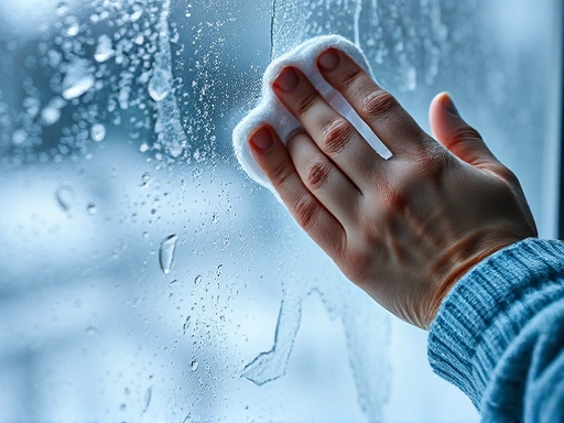 A close-up shot of a frosty window pane, with a hand wiping away condensation, showing moisture droplets and the effort to clean it, indicating the common problem of winter condensation. Focus on the detail of the window and water droplets.