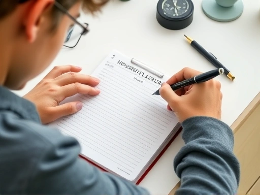 A young person diligently writing in a classic notebook, labeled as a 