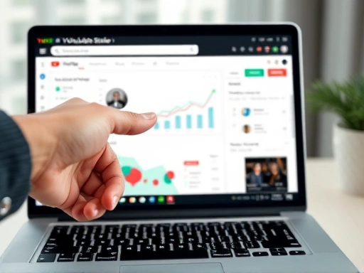 Close-up of a hand pointing at a dashboard on a laptop screen showing YouTube Studio analytics, with graphs indicating channel growth and revenue. Focus on the interface, demonstrating practical steps for YouTube monetization and strategic content creation.