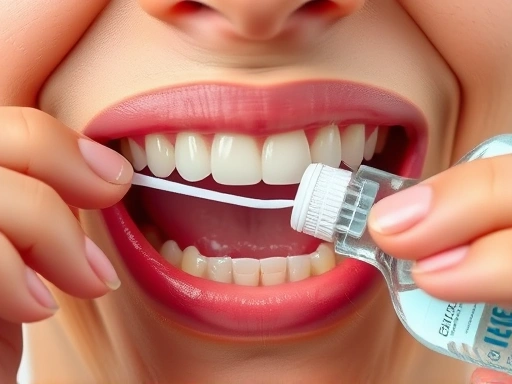 치실로 치아 사이를 꼼꼼히 닦고 있는 사람의 클로즈업 된 입과 손.