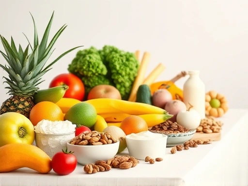다양한 종류의 신선한 과일과 채소, 유제품, 견과류 등이 가지런히 놓여있는 테이블을 배경으로 한 밝고 건강한 느낌의 스튜디오 사진으로, 치아 건강에 좋은 음식을 강조합니다.
