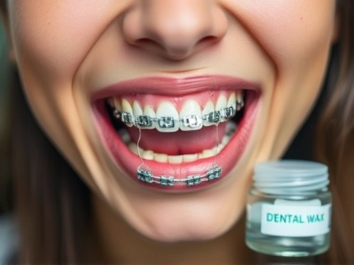 교정장치 와이어가 입안을 찌르고 있는 고통스러운 표정의 사람, 치과용 왁스와 치아 모형이 배경에 놓여 문제 해결 방법을 암시하는 클로즈업 이미지