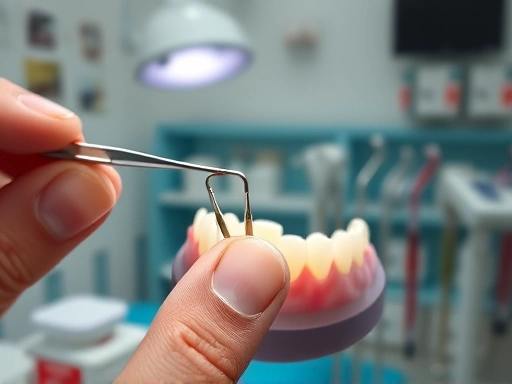 손으로 튀어나온 교정 와이어에 치과용 왁스를 조심스럽게 바르는 장면