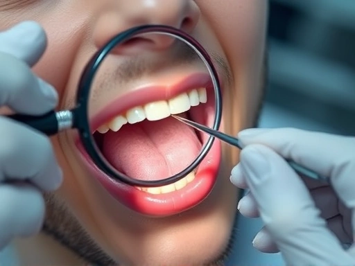 치과 의사가 확대경을 쓰고 환자의 입안을 진찰하는 모습